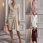 Robe midi femme col V à fronces, jupe évasée, quatre coloris