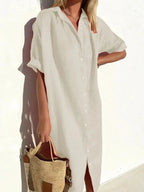 Robe midi femme à manches larges, boutonnée devant, coupe fluide, abricot