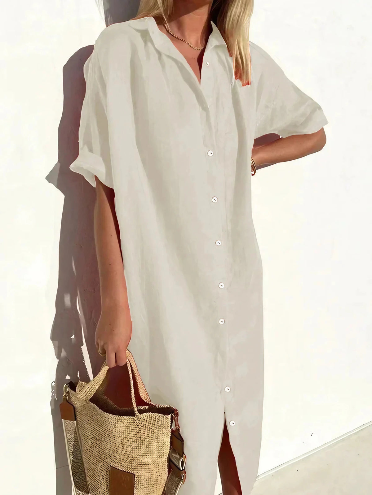 Robe midi femme à manches larges, boutonnée devant, coupe fluide, abricot