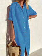 Robe midi femme à manches larges, boutonnée devant, coupe fluide, bleu paon