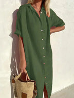 Robe midi femme à manches larges, boutonnée devant, coupe fluide, vert olive