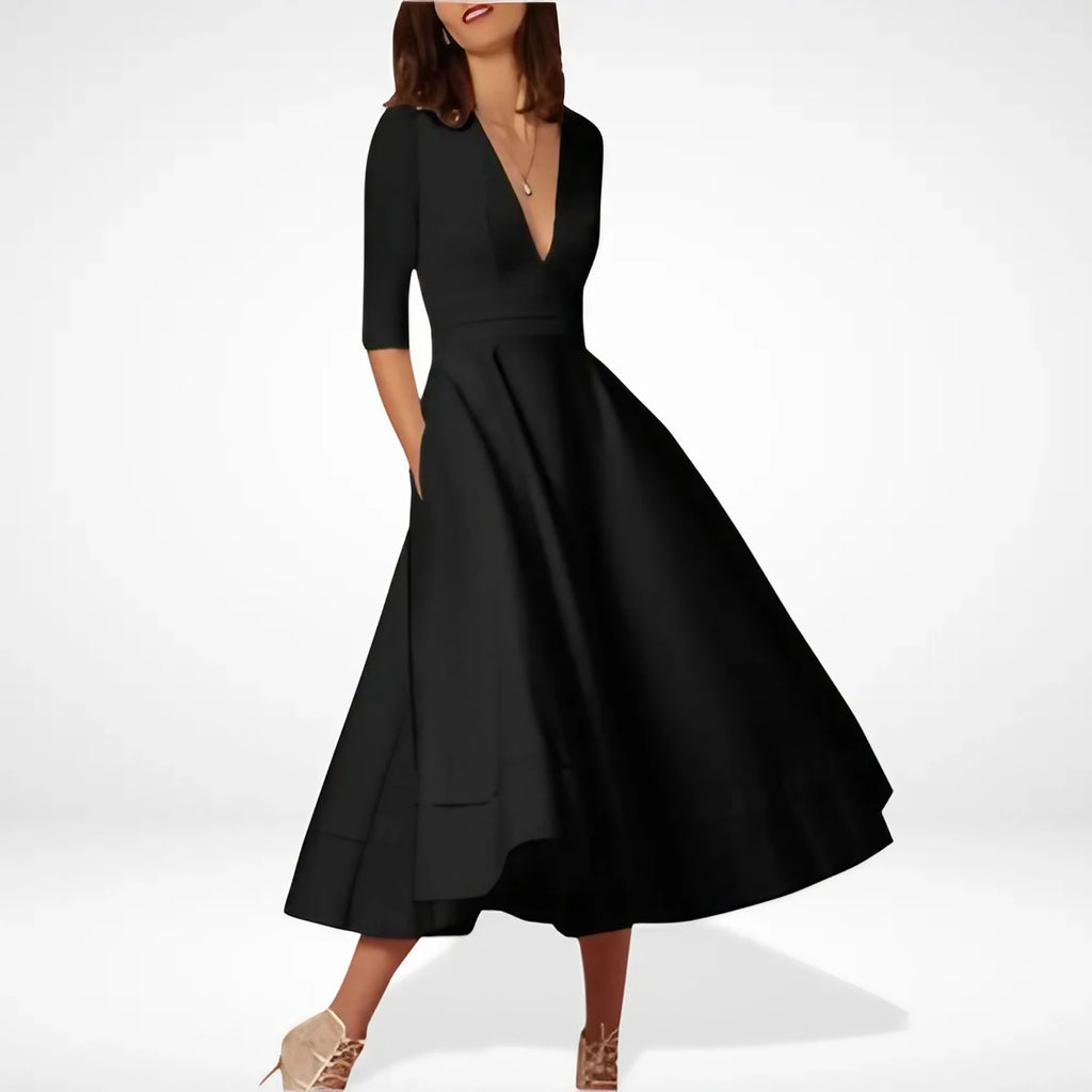 Robe midi évasée col V, manches 3/4, taille marquée