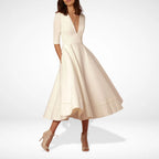 Robe midi évasée col V, manches 3/4, taille marquée, beige