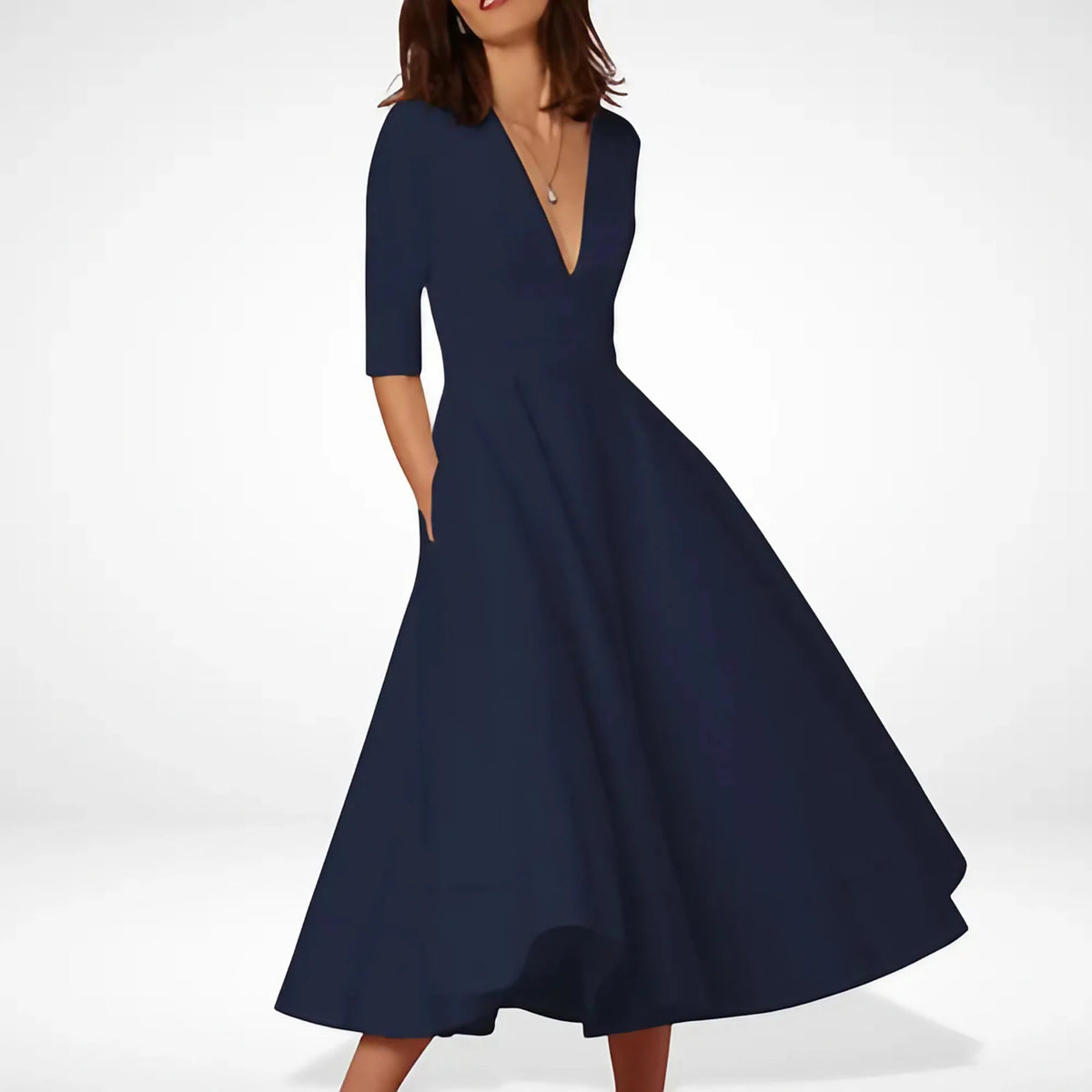Robe midi évasée col V, manches 3/4, taille marquée, bleu marine