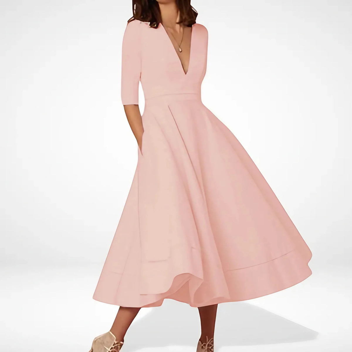 Robe midi évasée col V, manches 3/4, taille marquée, rose