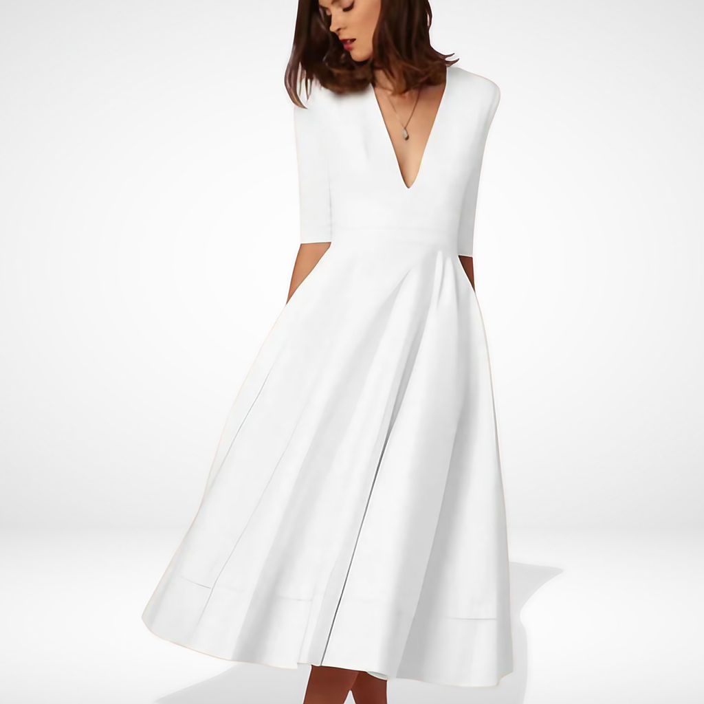 Robe midi évasée col V, manches 3/4, taille marquée, blanc