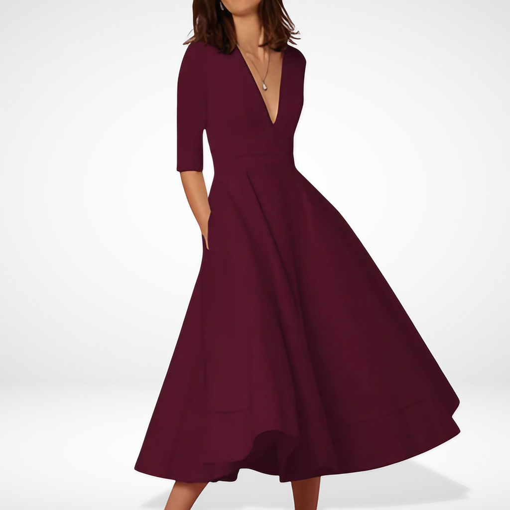 Robe midi évasée col V, manches 3/4, taille marquée, bordeaux