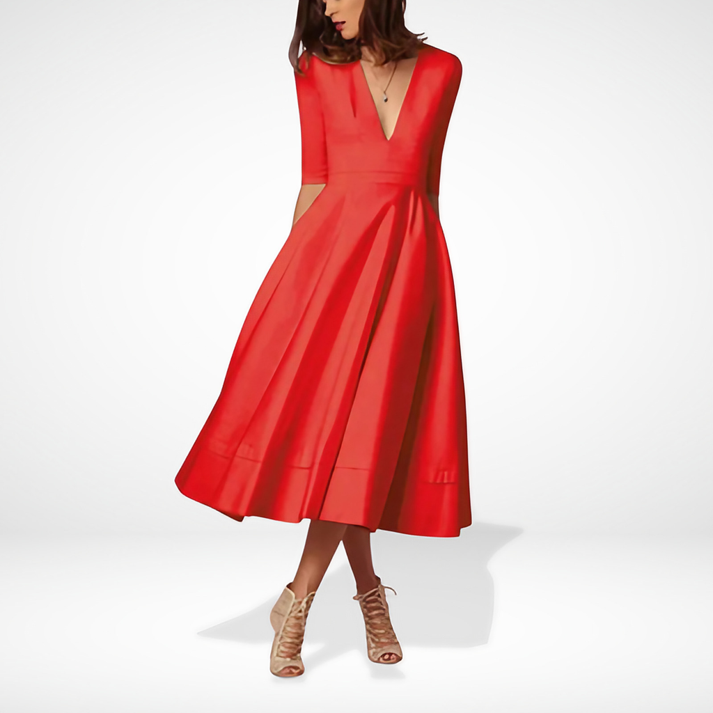 Robe midi évasée col V, manches 3/4, taille marquée, rouge