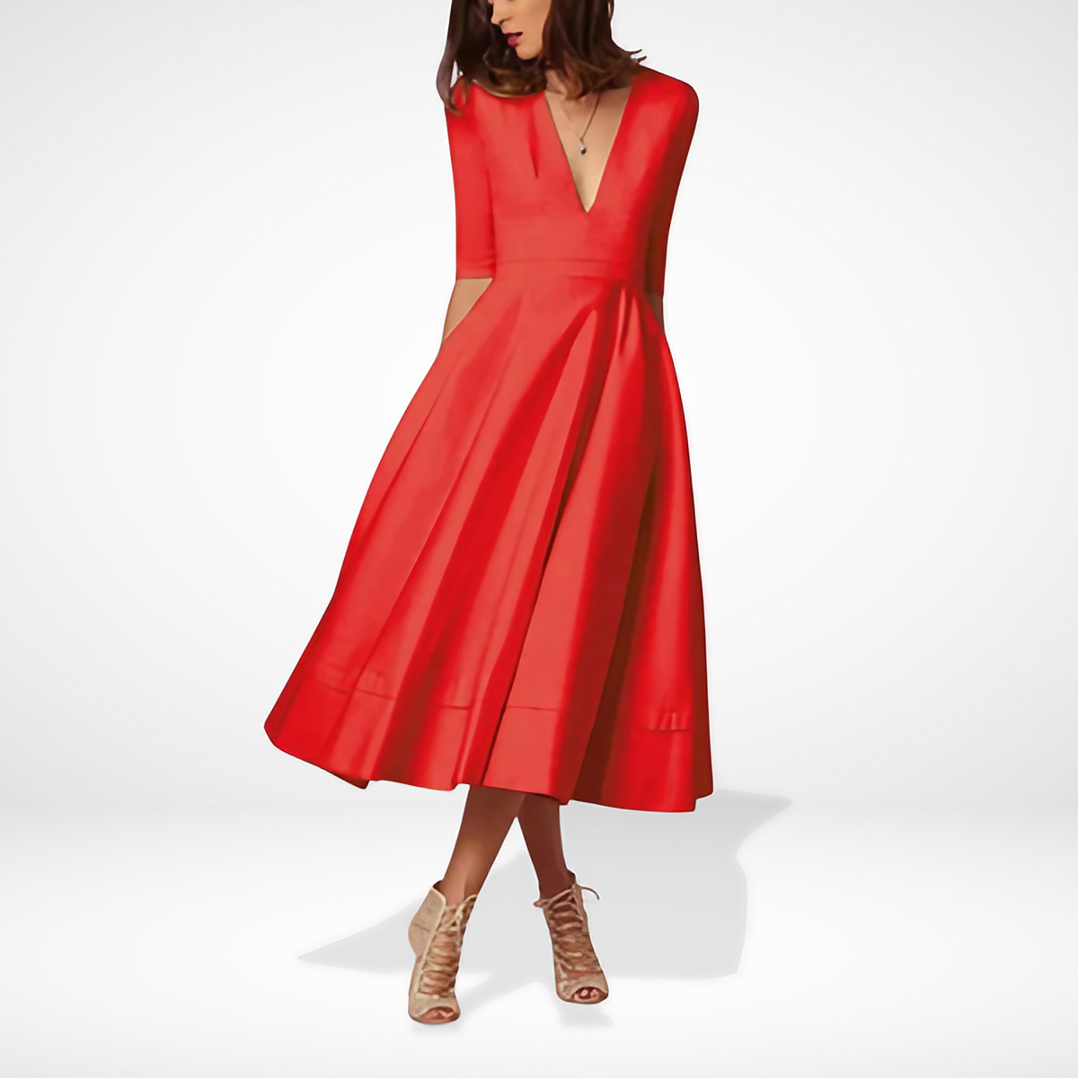 Robe midi évasée col V, manches 3/4, taille marquée, rouge