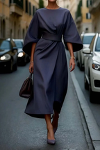 Robe midi femme à manches larges, taille cintrée, sept coloris, bleu marine