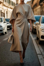 Robe midi femme à manches larges, taille cintrée, sept coloris, beige