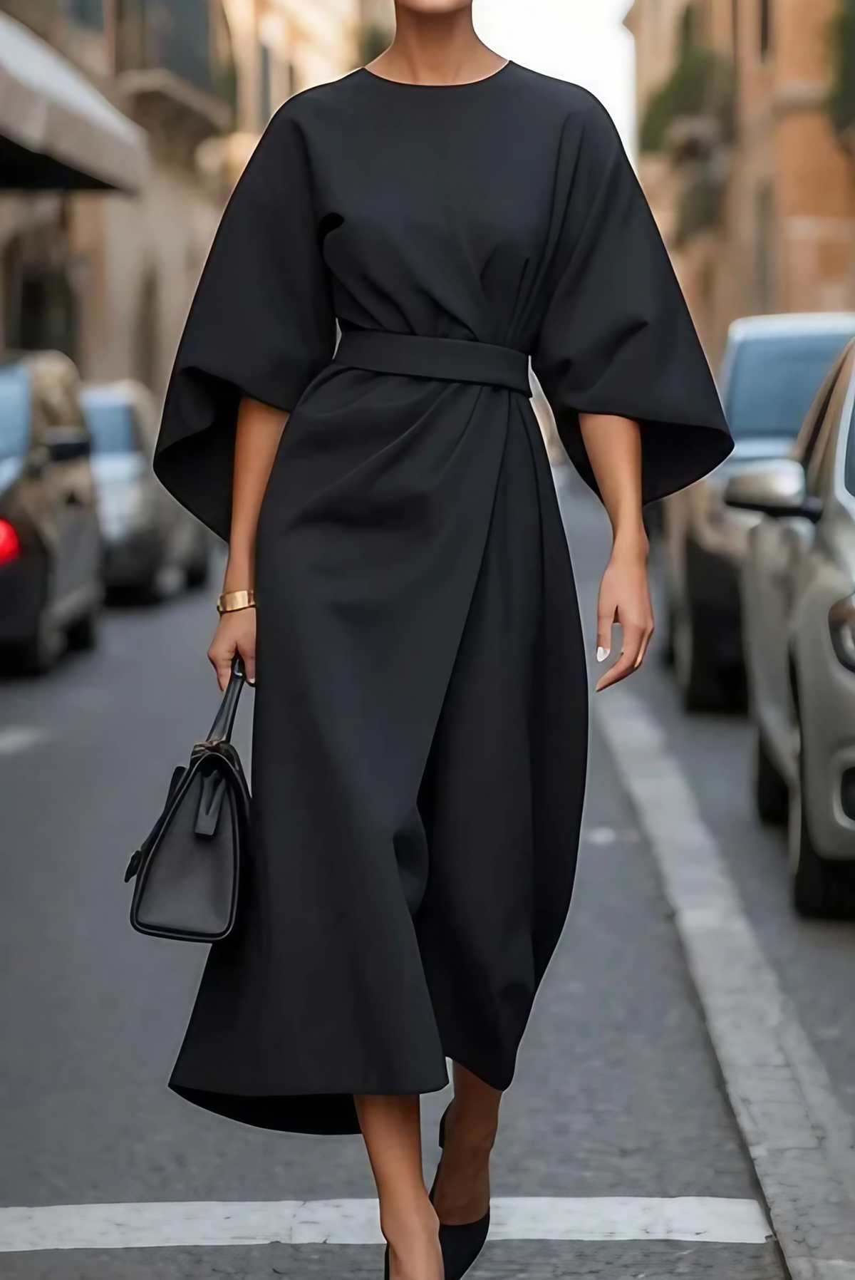 Robe midi femme à manches larges, taille cintrée, sept coloris, noir