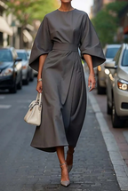 Robe midi femme à manches larges, taille cintrée, sept coloris, gris