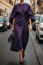Robe midi femme à manches larges, taille cintrée, sept coloris, violet