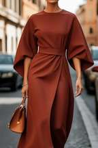 Robe midi femme à manches larges, taille cintrée, sept coloris, rouge brique