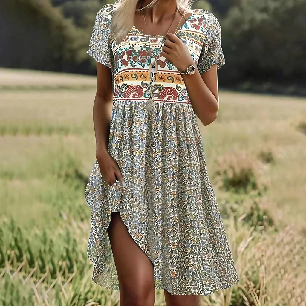 Robe midi à pois femme, taille haute et coupe trapèze, kaki