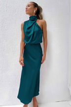 Robe midi ajustée femme à col asymétrique, manches longues