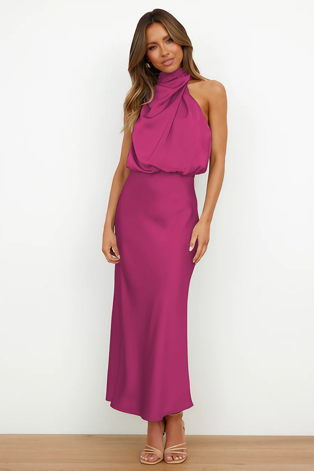 Robe midi ajustée femme à col asymétrique, manches longues, rose poudré