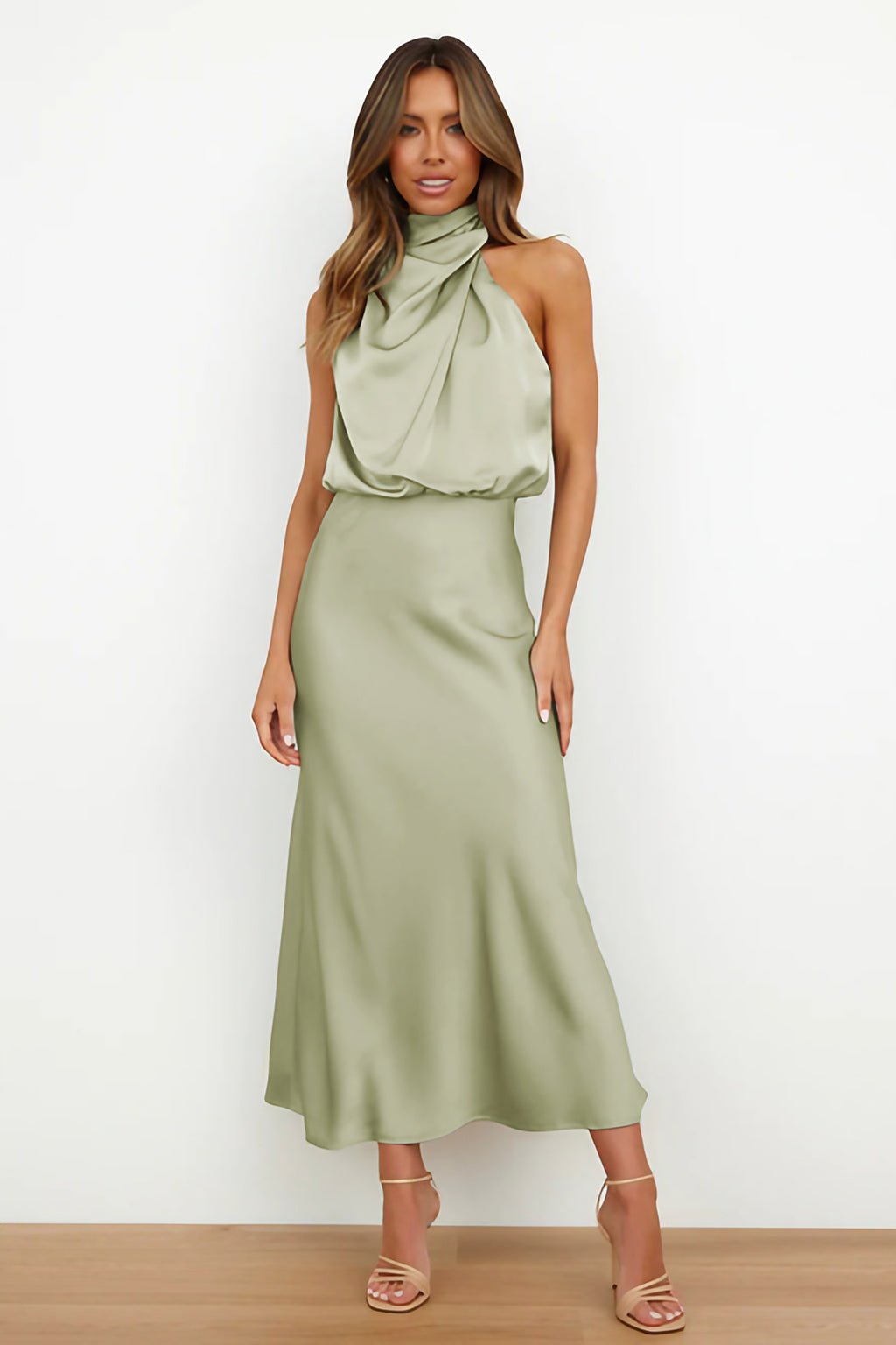 Robe midi ajustée femme à col asymétrique, manches longues, sauge