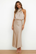 Robe midi ajustée femme à col asymétrique, manches longues, beige