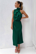 Robe midi ajustée femme à col asymétrique, manches longues