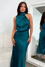 Robe midi ajustée femme à col asymétrique, manches longues, bleu-vert