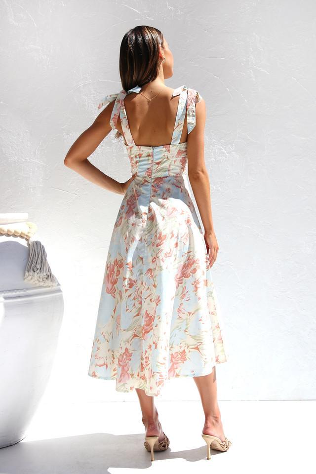 Robe midi fleurie à bretelles nouées, coupe cintrée, deux coloris