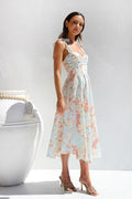 Robe midi fleurie à bretelles nouées, coupe cintrée, deux coloris, orange