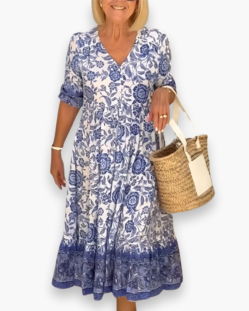 Robe midi fleurie femme col V, coupe fluide, du S au 5XL, bleu