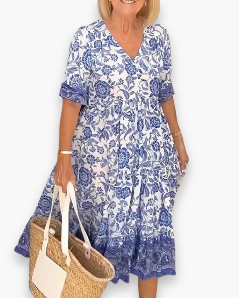 Robe midi fleurie femme col V, coupe fluide, du S au 5XL