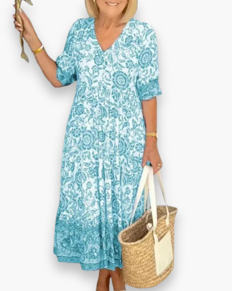 Robe midi fleurie femme col V, coupe fluide, du S au 5XL, bleu clair