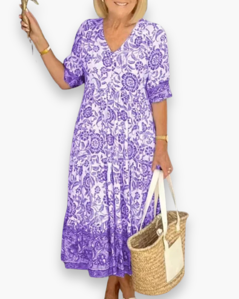 Robe midi fleurie femme col V, coupe fluide, du S au 5XL, violet