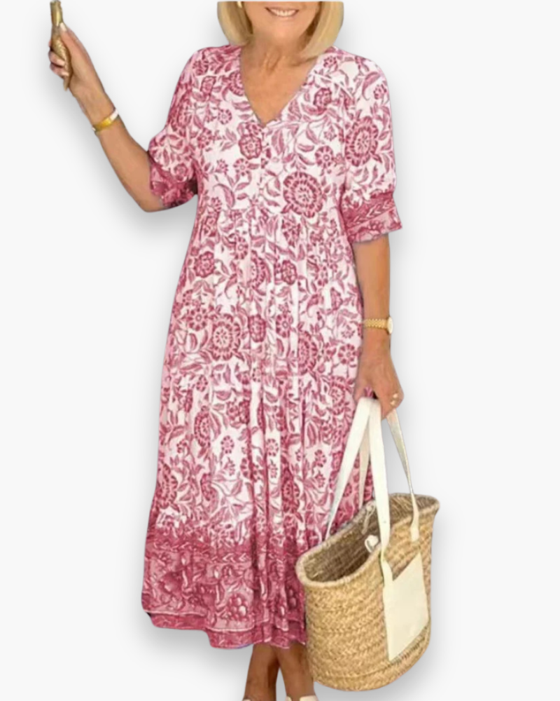 Robe midi fleurie femme col V, coupe fluide, du S au 5XL, rouge