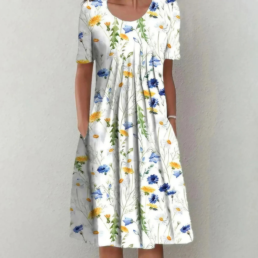 Robe midi fleurie à manches courtes, cinq coloris, du S au 3XL, blanc et jaune