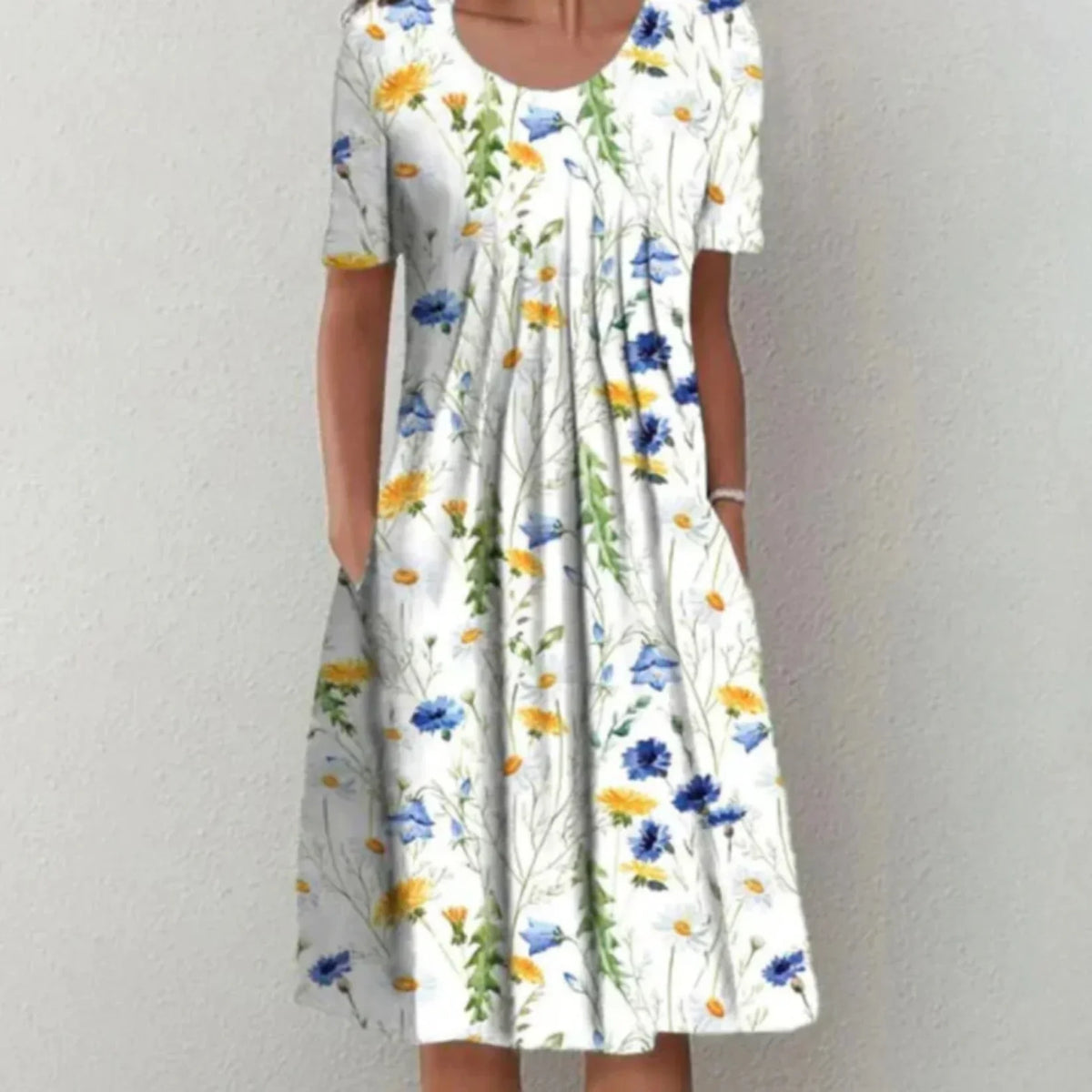 Robe midi fleurie à manches courtes, cinq coloris, du S au 3XL, blanc et jaune
