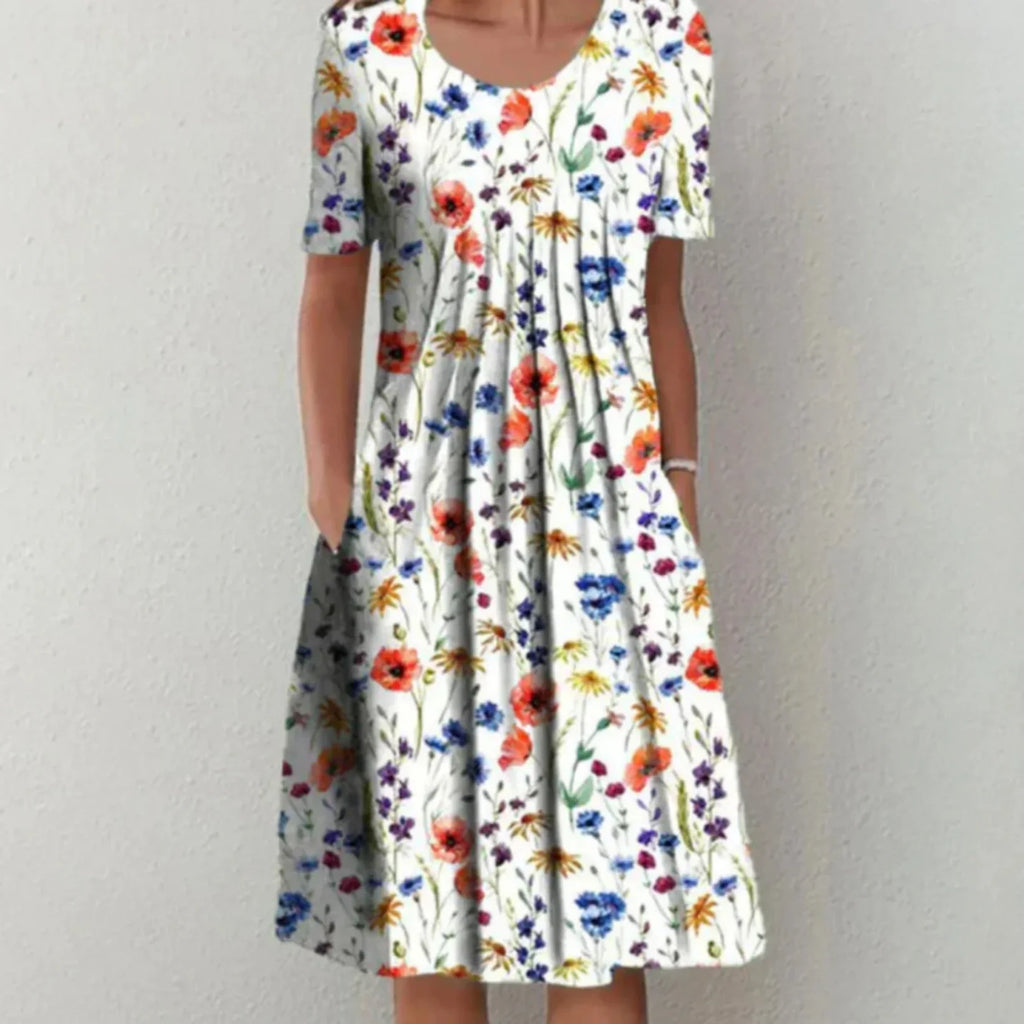 Robe midi fleurie à manches courtes, cinq coloris, du S au 3XL, blanc et rouge