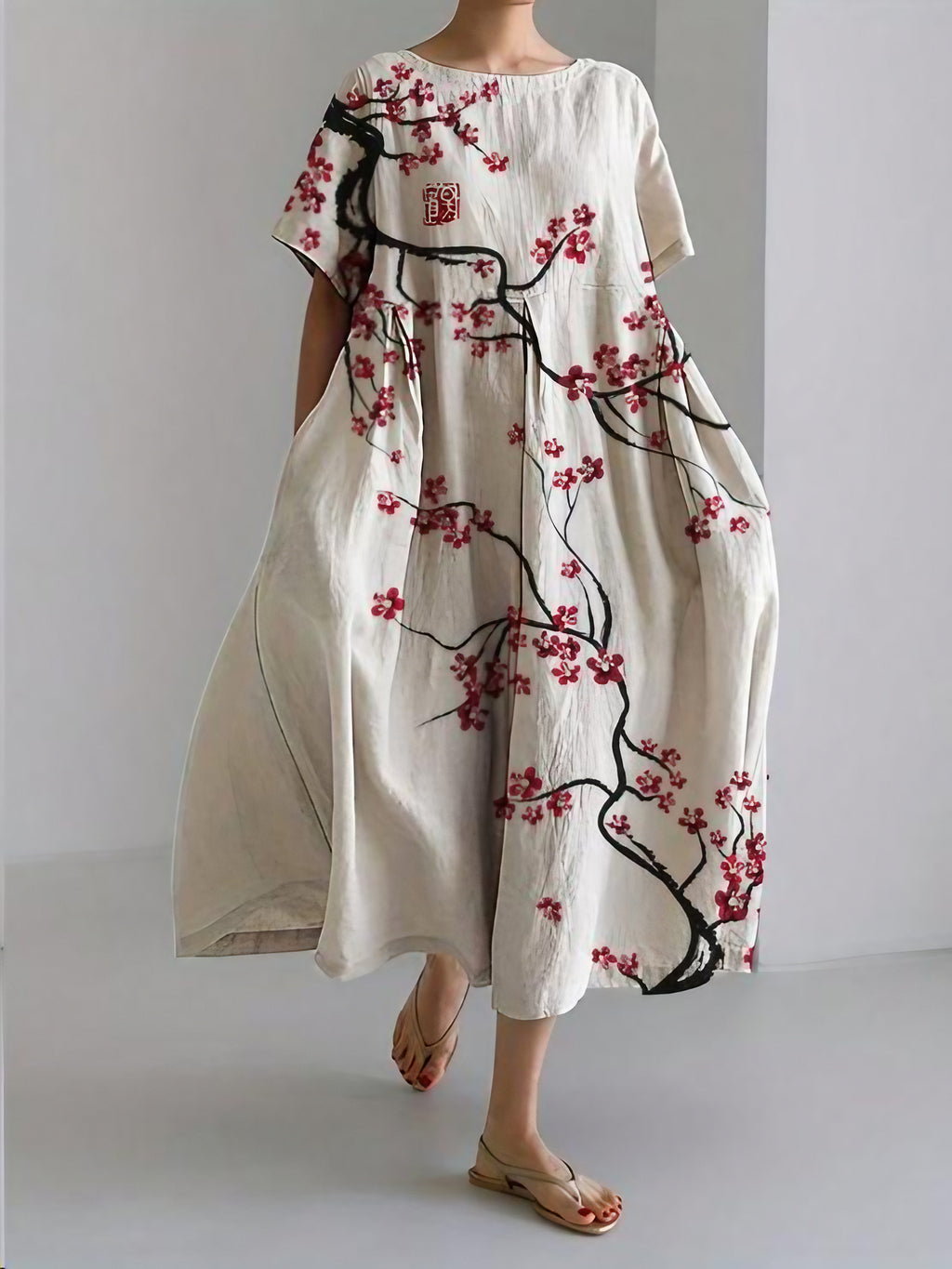 Robe midi fleurie femme, col rond, coupe ample, crème