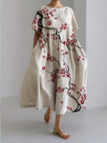 Robe midi fleurie femme, col rond, coupe ample, crème