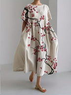 Robe midi fleurie femme, col rond, coupe ample, crème