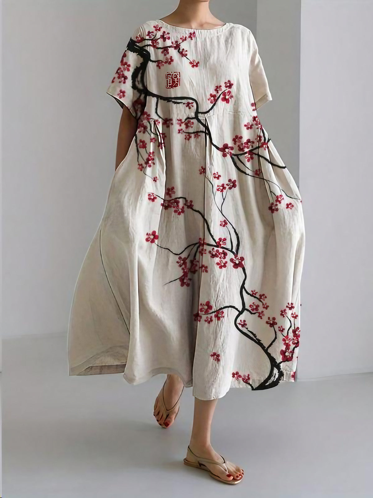 Robe midi fleurie femme, col rond, coupe ample, crème