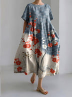 Robe midi fleurie femme, col rond, coupe ample, bleu 02