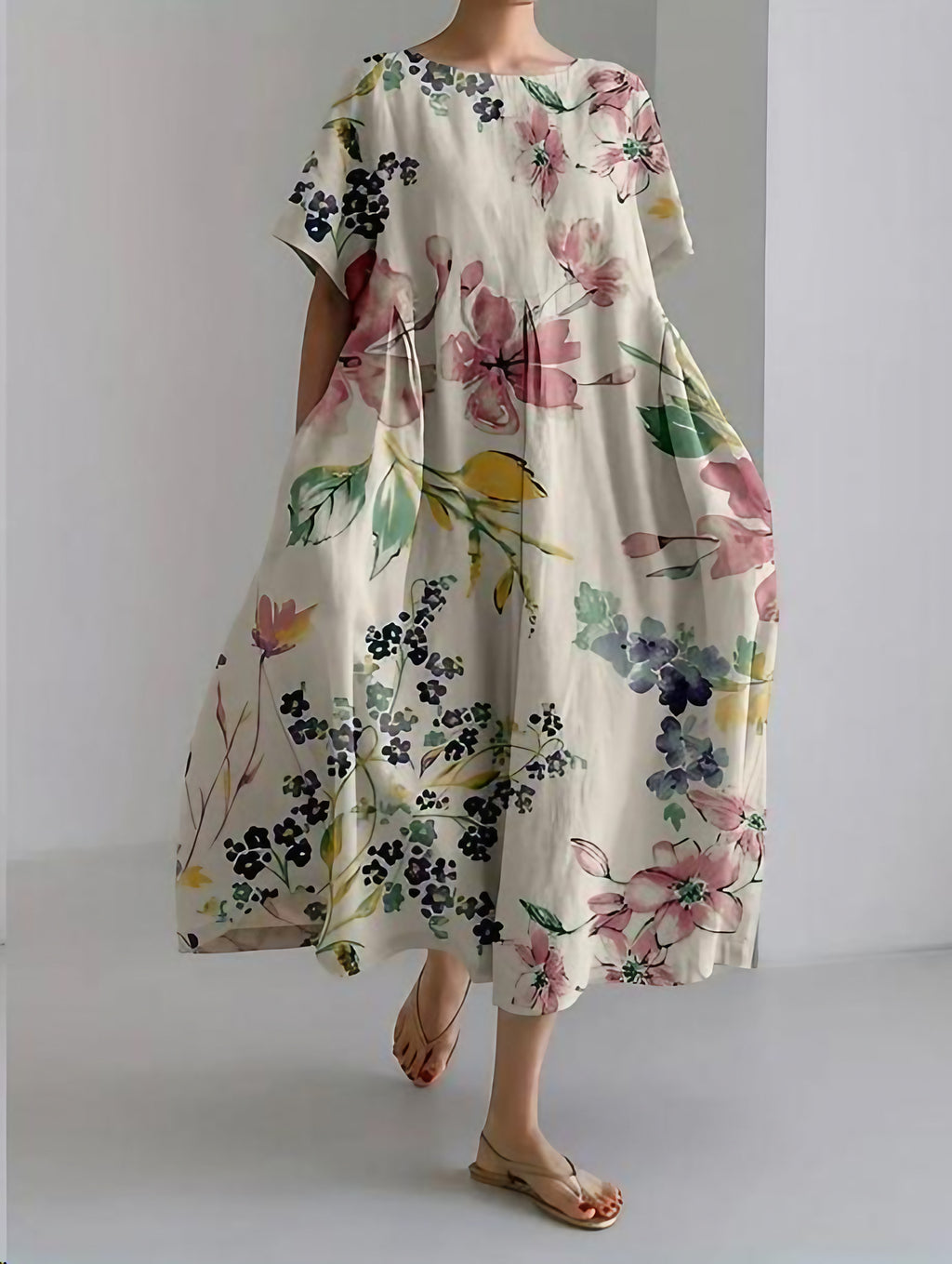 Robe midi fleurie femme, col rond, coupe ample, kaki
