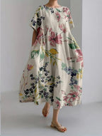 Robe midi fleurie femme, col rond, coupe ample, kaki