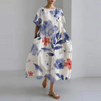 Robe midi fleurie femme, col rond, coupe ample, blanc