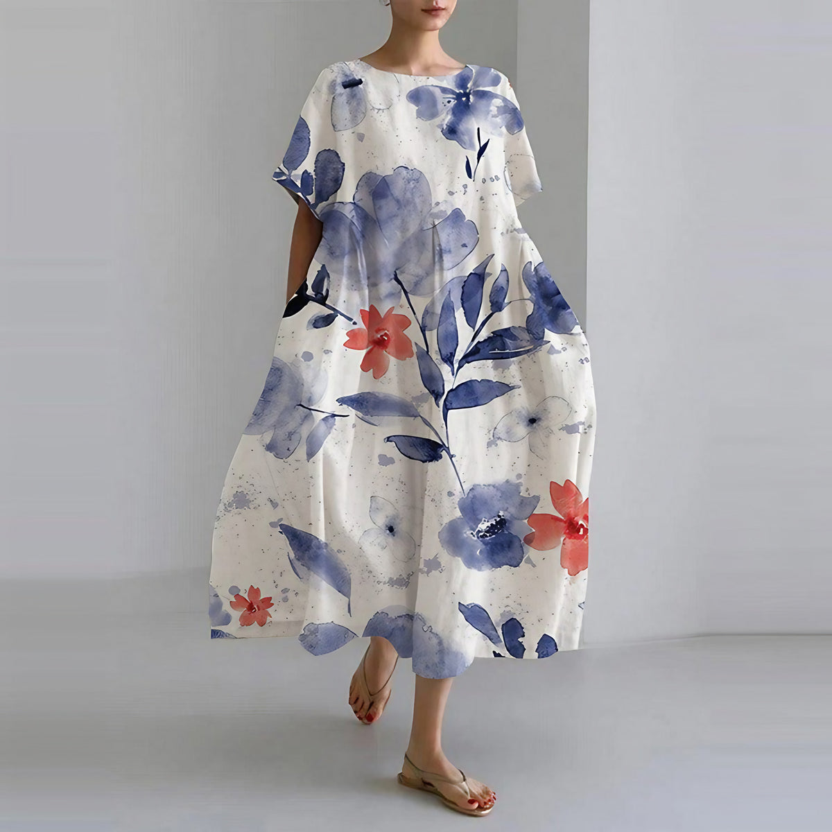 Robe midi fleurie femme, col rond, coupe ample, blanc