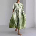 Robe midi fleurie femme, col rond, coupe ample, vert