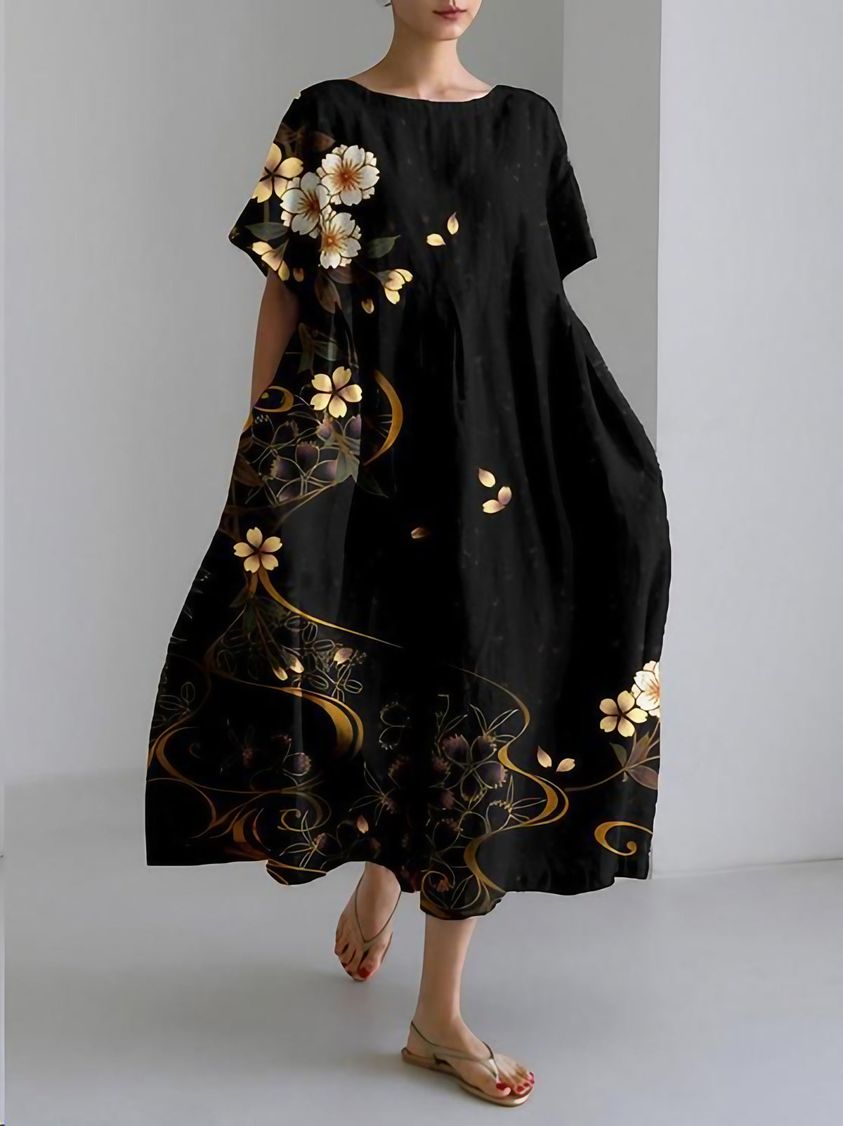 Robe midi fleurie femme, col rond, coupe ample, noir