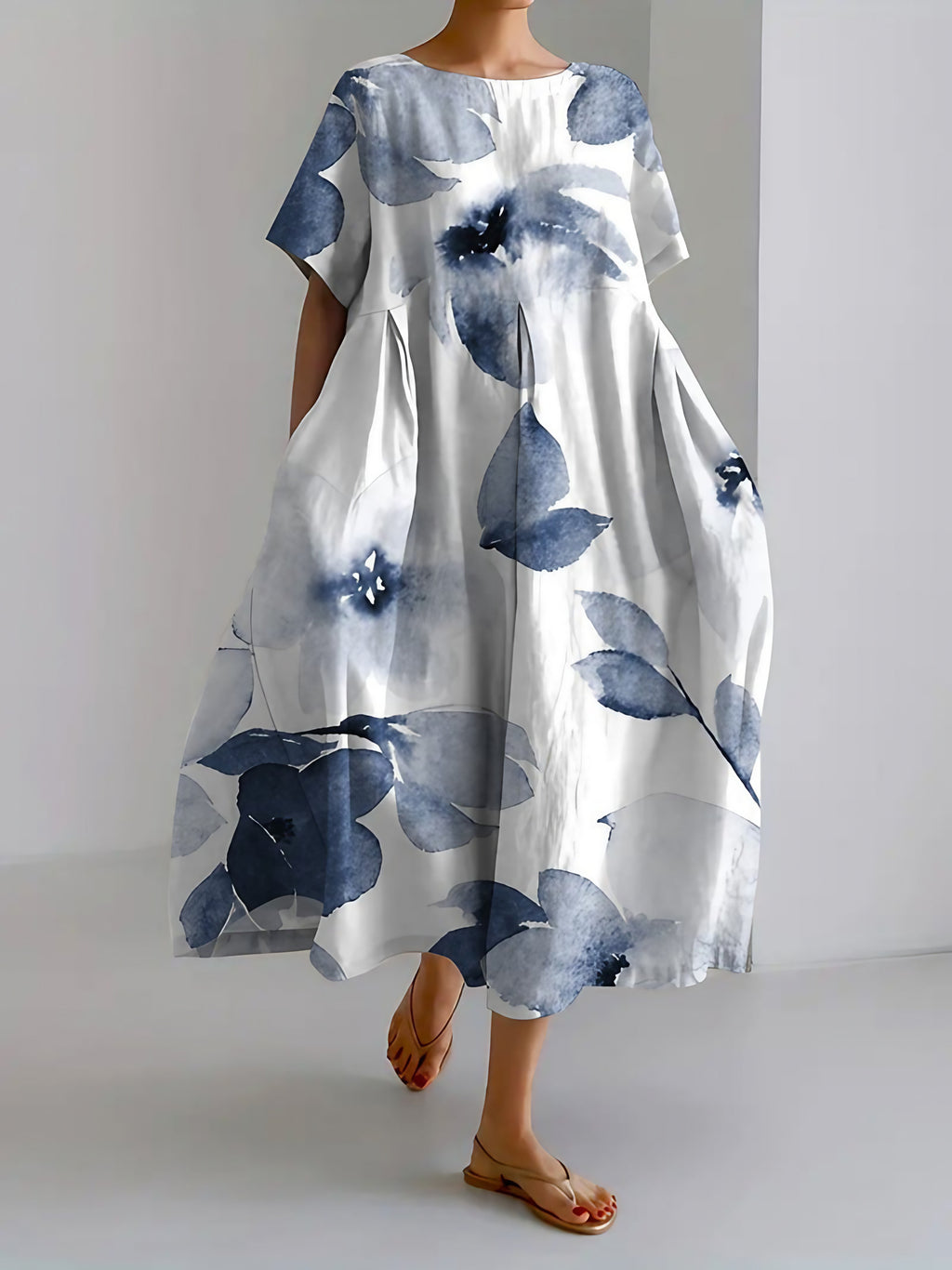 Robe midi fleurie femme, col rond, coupe ample, bleu foncé