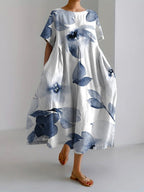 Robe midi fleurie femme, col rond, coupe ample, bleu foncé