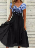 Robe midi fleurie femme col V, coupe fluide, du S au 5XL, bleu et noir